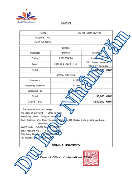 Invoice khóa học tiếng Hàn tại trường:
